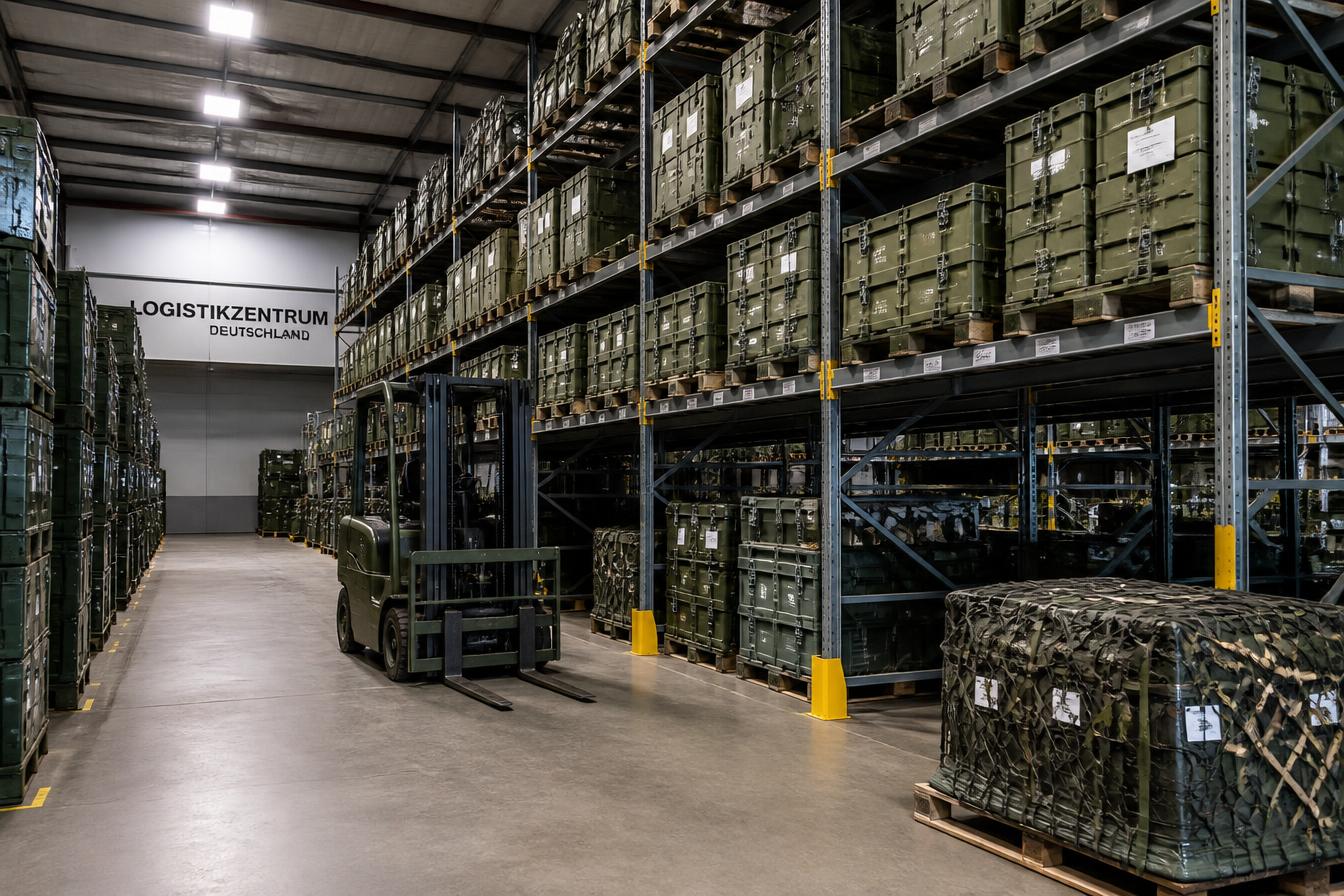 European military logistics warehouse with heavy-duty storage racking