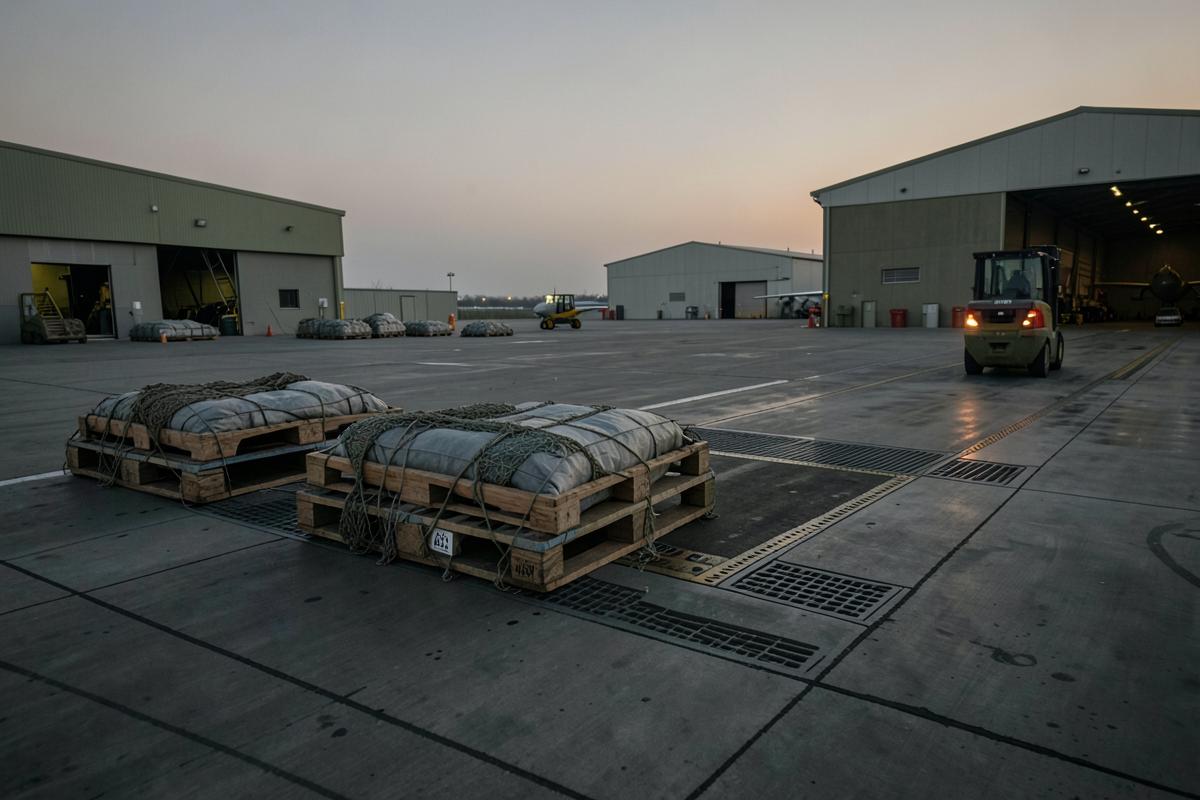 Air cargo pallets on an airfield apron at dusk with hangars behind