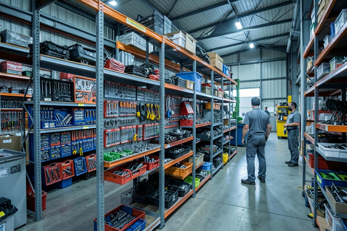 Maintenance parts and tooling store with organised shelving