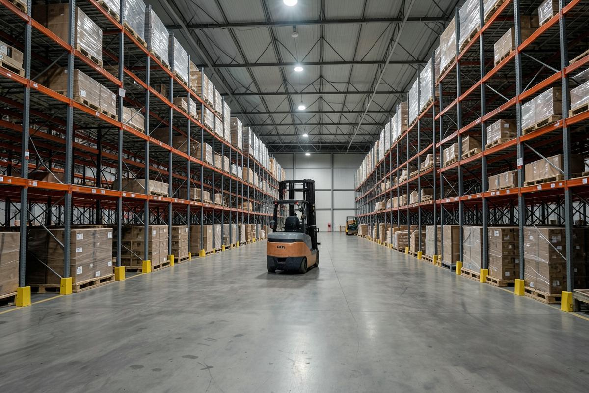 Interior of a European logistics warehouse with heavy-duty racking