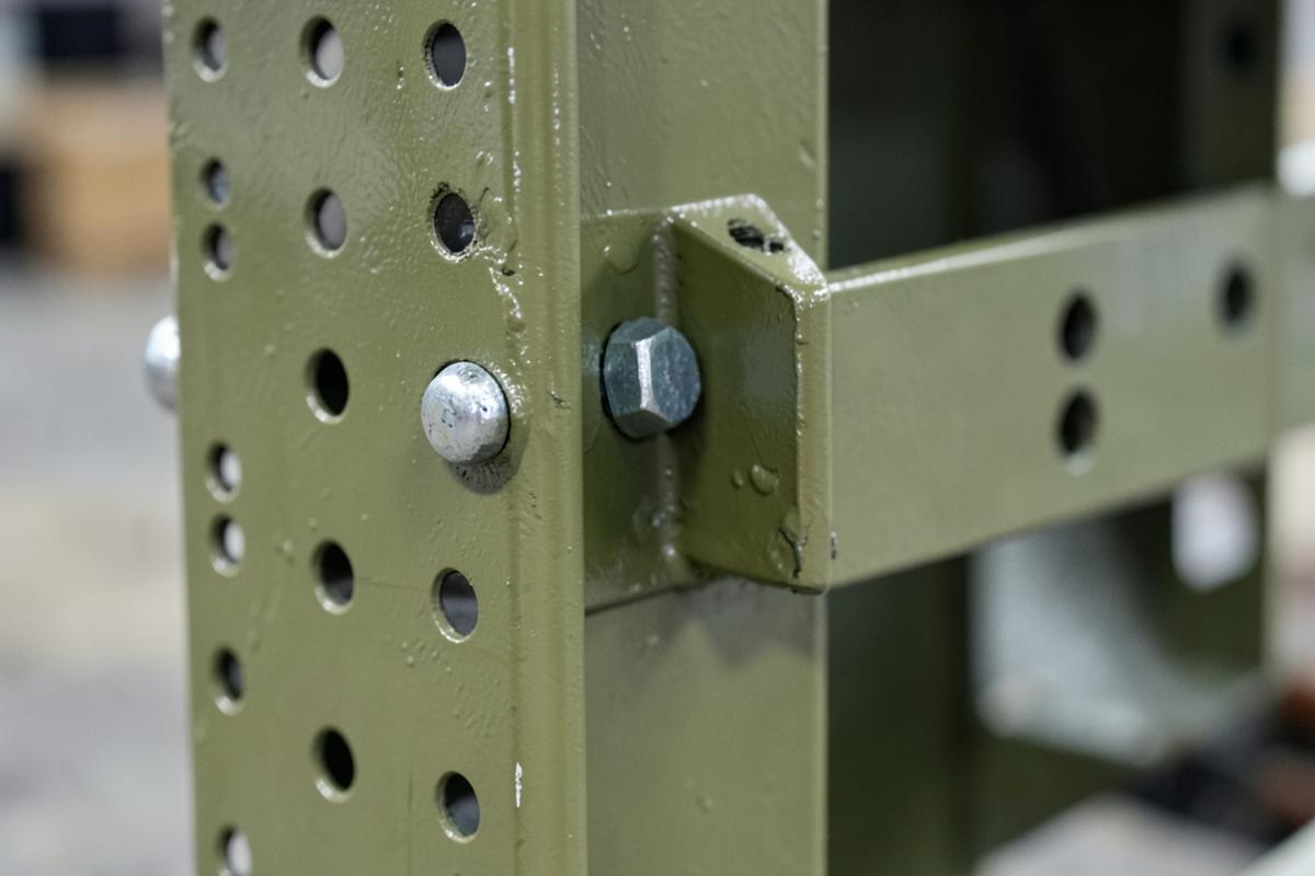 Detail of a bolted heavy-duty steel storage frame