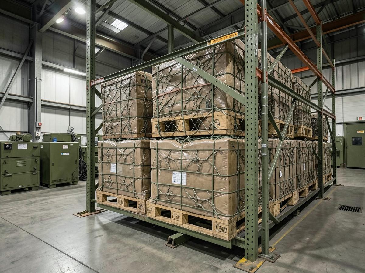 Netted air cargo pallets stored on heavy steel bays inside a hangar