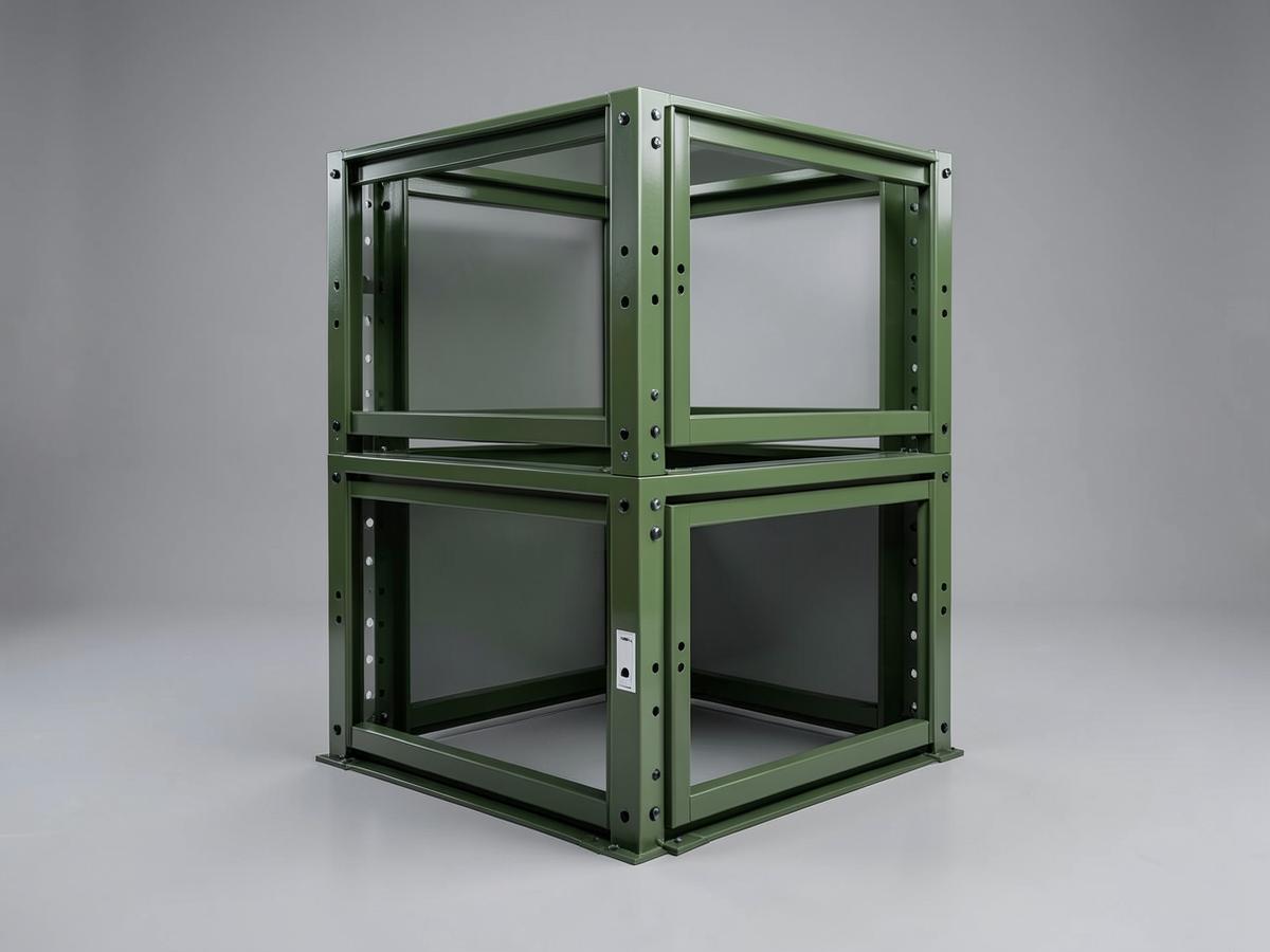 Heavy-duty olive green modular steel cargo cube storage system stacked two levels high