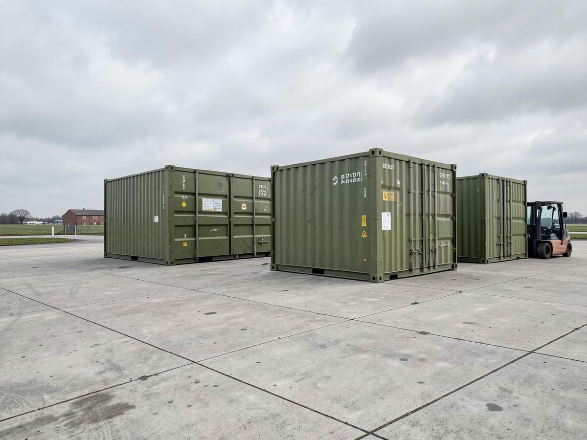 Olive green containerised storage units on outdoor hardstanding at an airfield