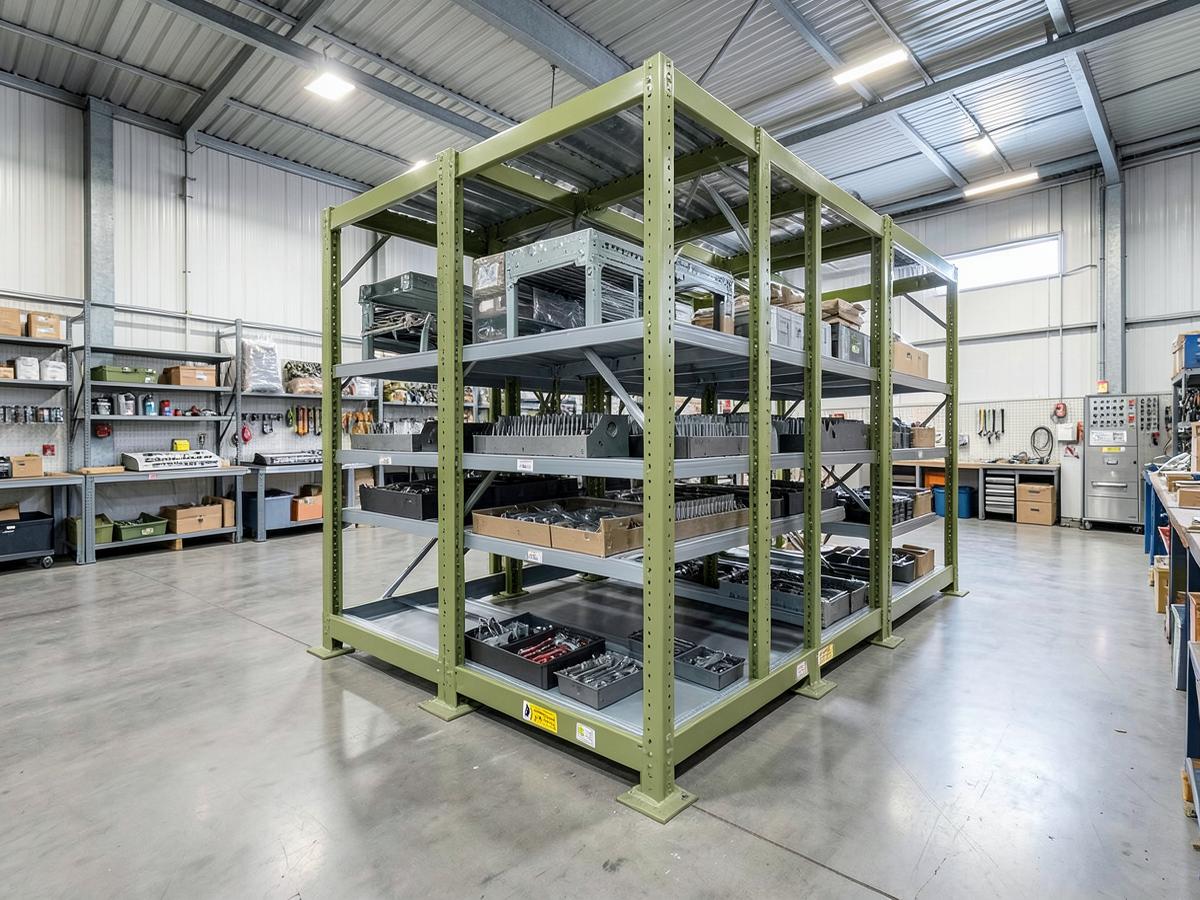 High-density mobile shelving system in a military maintenance parts store