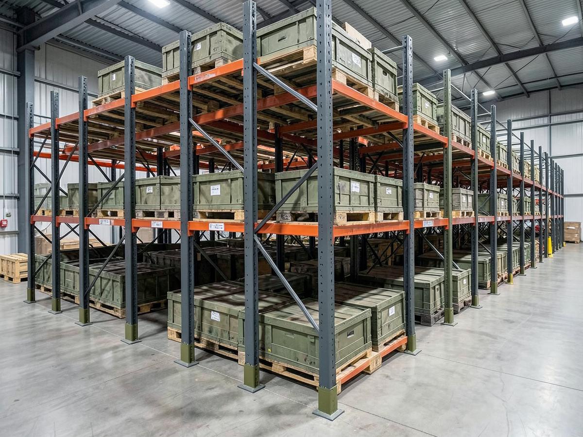 Heavy-duty steel pallet racking loaded with military transit cases in a warehouse